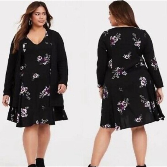 Torrid Black Floral Print Chiffon Ruffled Wrap Dress 4 - Picture 2 of 6